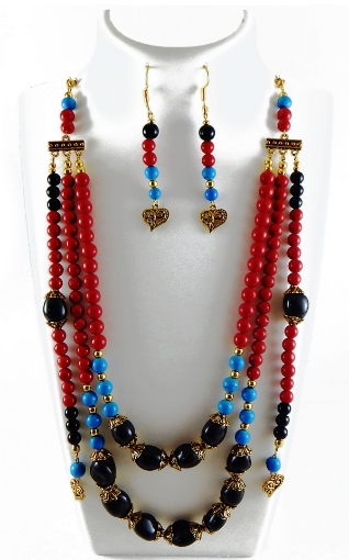 Red Coral, Turquoise  Necklace with Earrings