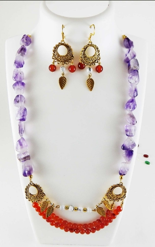Carnelian Gemstone Beads & Amethyst Tumble Necklace Set