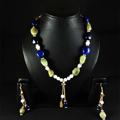 Blue Agate & Green Aventurine Tumbles Necklace & Earrings Set