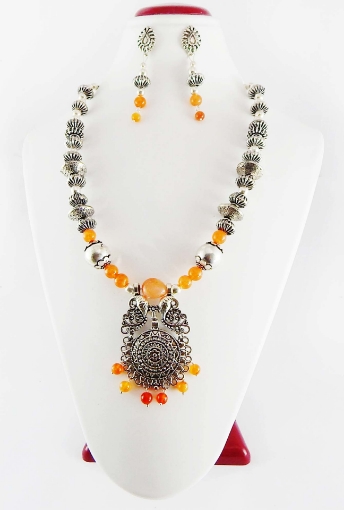 Bali Metal Beads and Carnelian Gemstone Beads Necklace Set