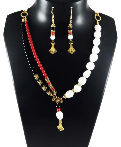 Black Stone & Red Coral Gemstone Beads Necklace Set